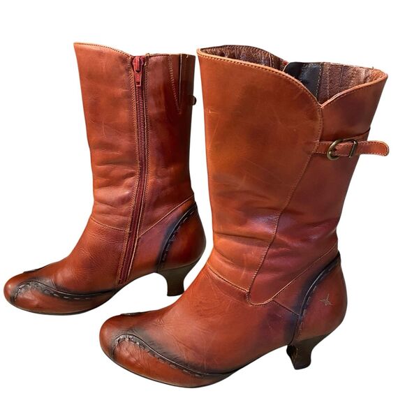 Vintage Pikolinos Cognac Leather Kitten Heel Boots Western Mid Calf Zip 38 7.5-8 - Picture 4 of 8